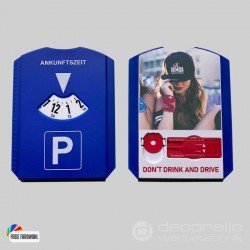 Parkscheibe mit Profilmesser und Einkaufschip und Ihrer Werbung