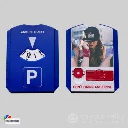 Parkscheibe mit Profilmesser und Einkaufschip und Ihrer Werbung